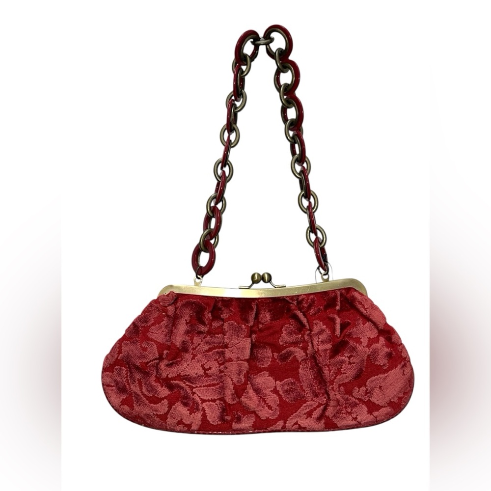 HYPE Red Tapestry Brocade Small Bag With Chain Link Circles Strap